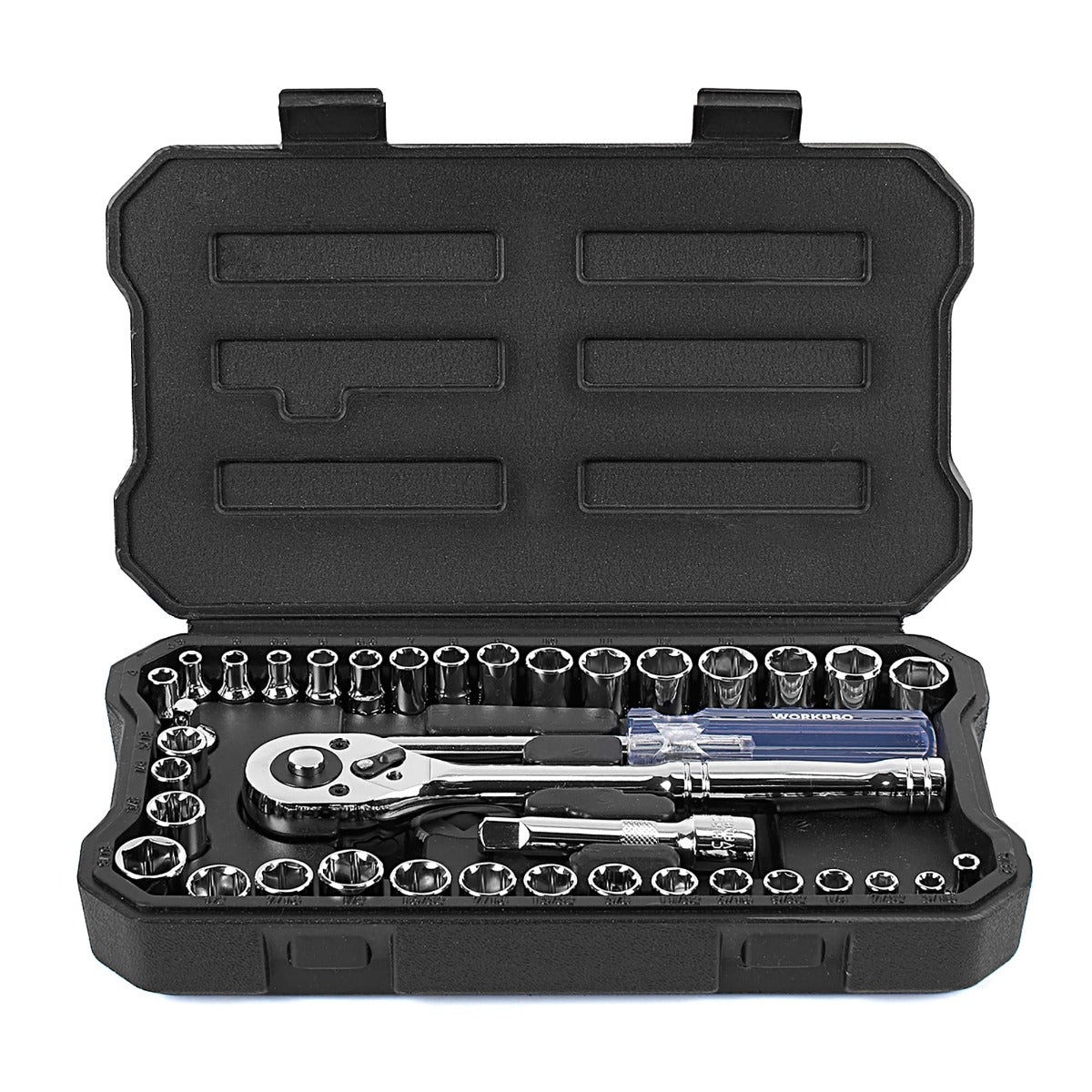 Socket wrench tool set case with chrome sockets and ratchet arranged inside