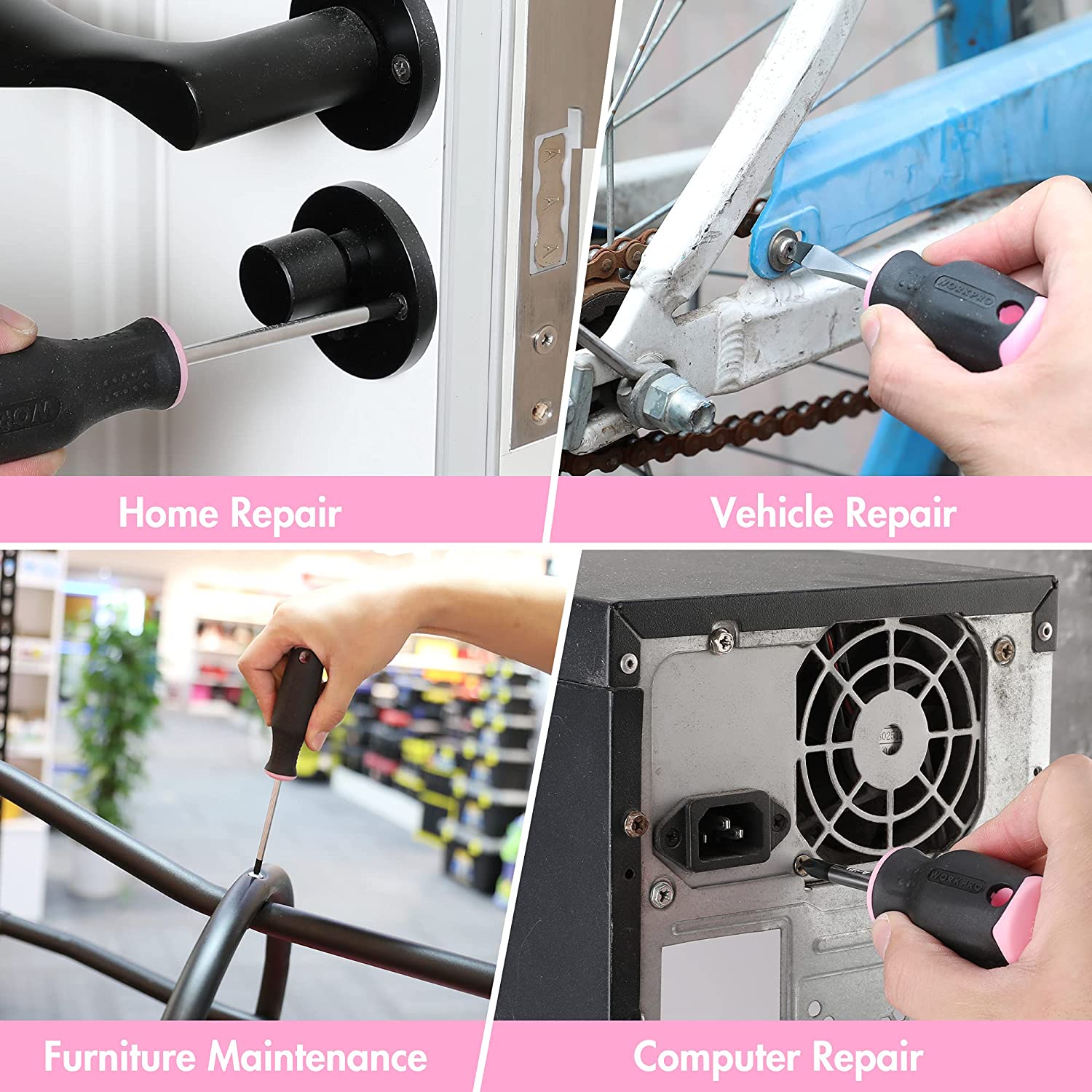 WORKPRO magnetic screwdriver being used with black handle and pink grip ring
