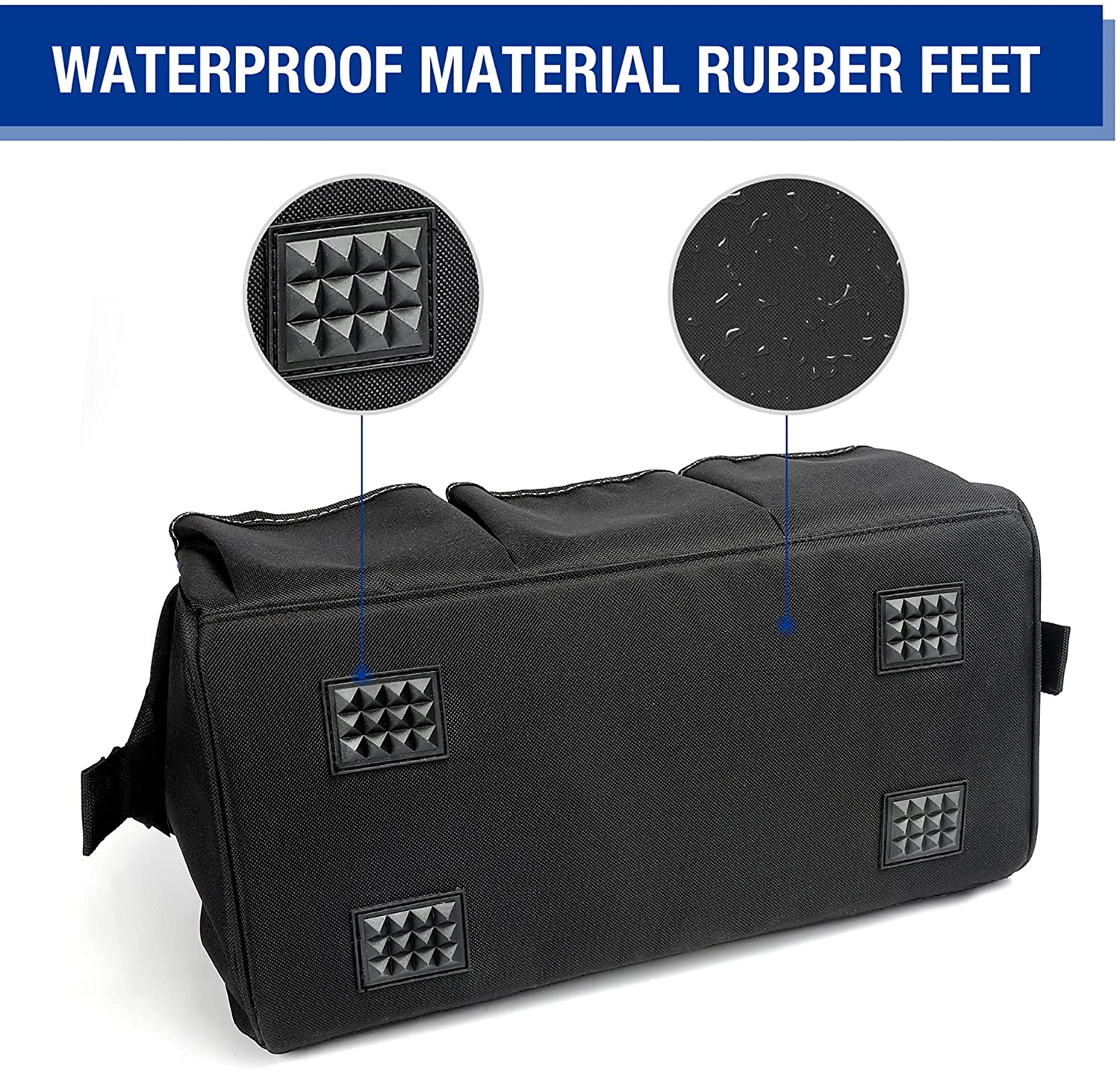 Black tool storage bag with embossed rubber feet and reinforced end panels