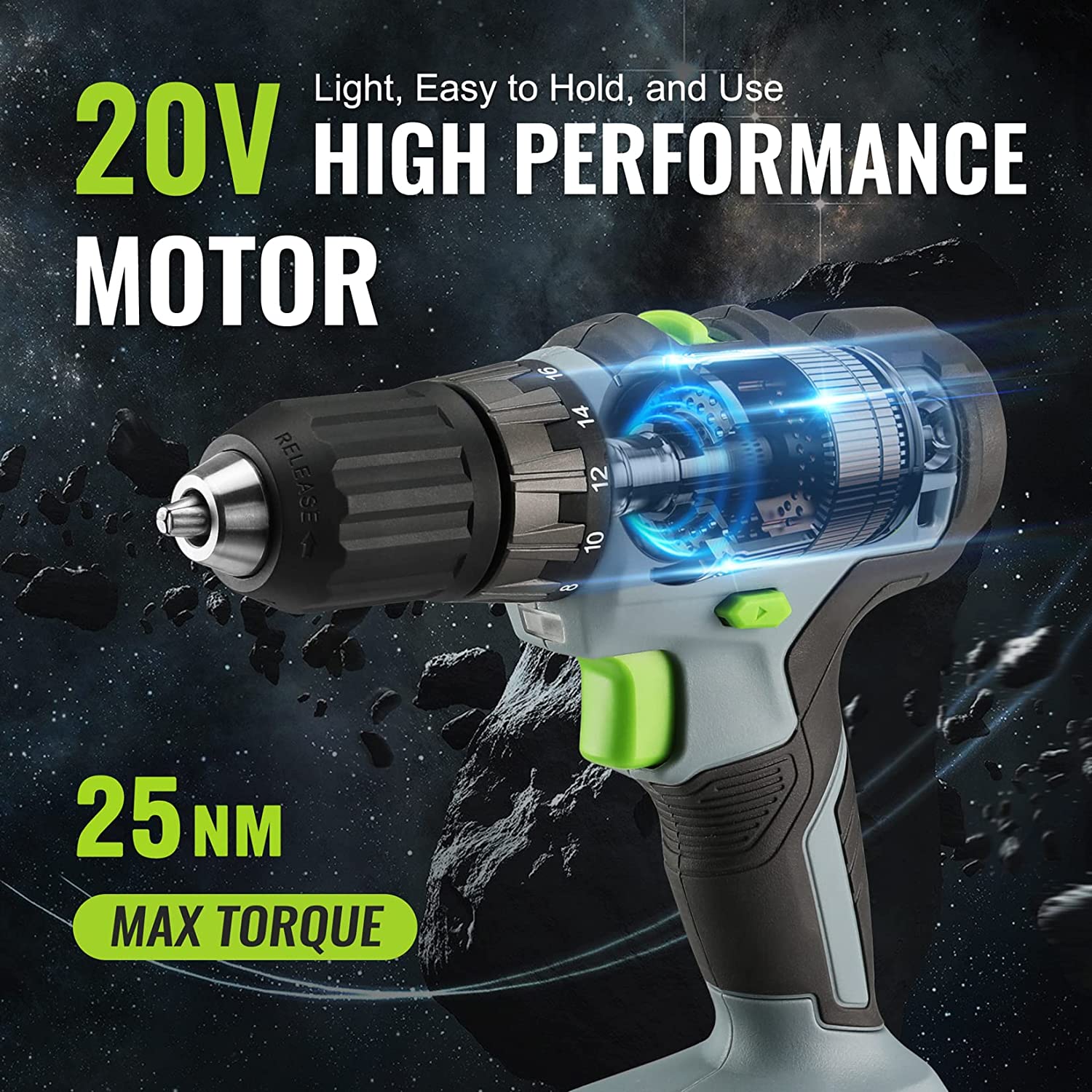 Green and gray cordless drill driver with blue LED light