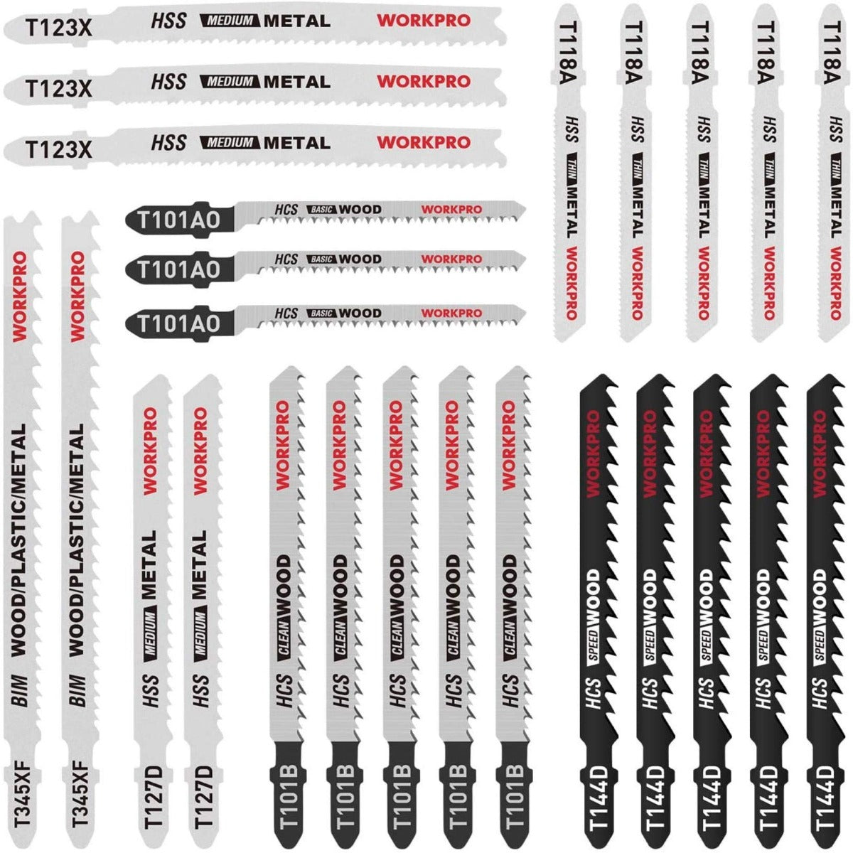 Variety pack of T-shank jig saw blades with wood, metal and plastic labels