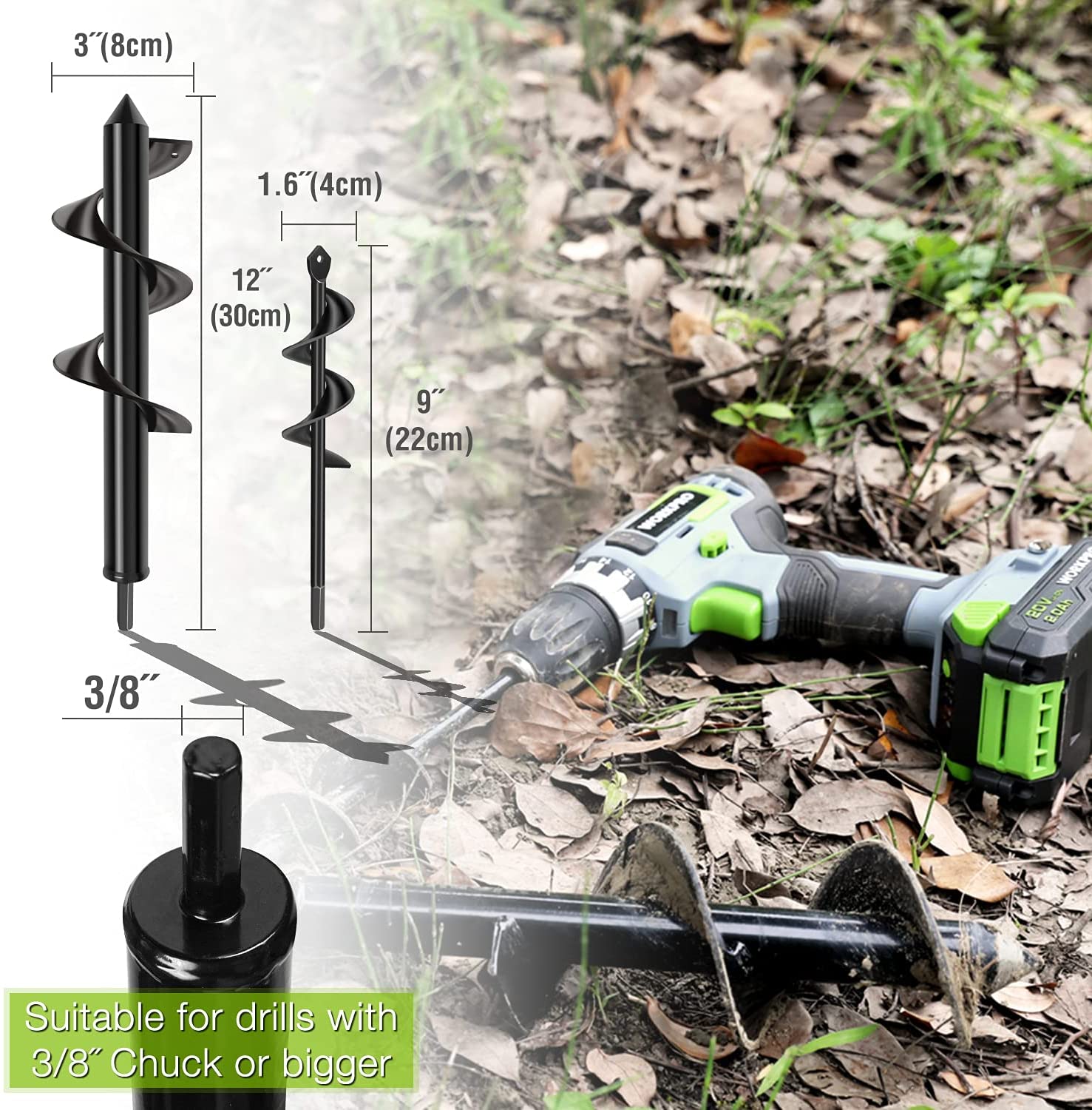 Spiral auger drill bit set with helical screw flights and chuck-compatible shank