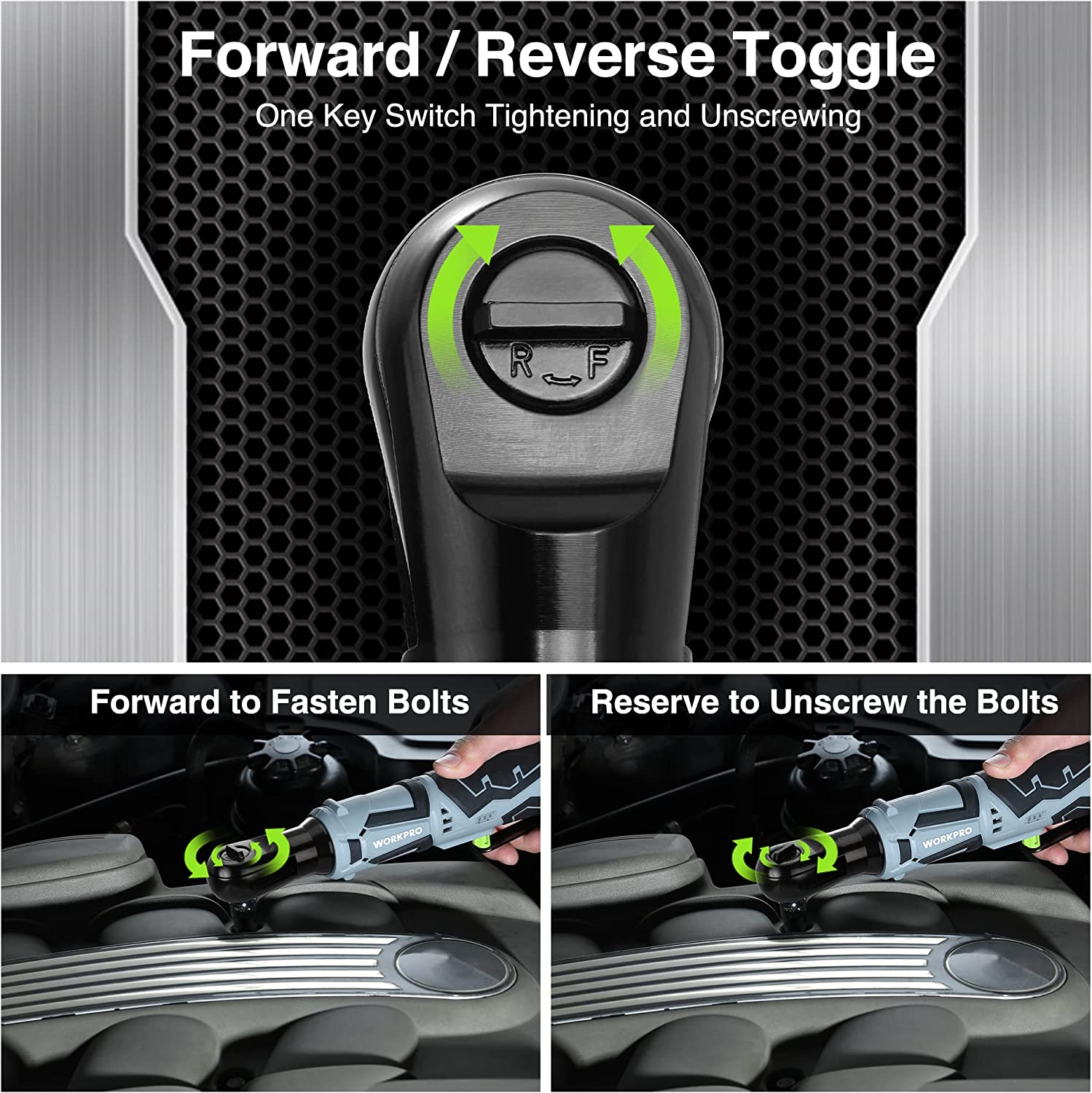 Cordless electric ratchet wrench head with forward and reverse switch control