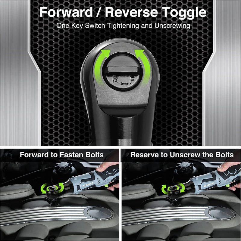 WORKPRO Cordless Electric Ratchet Wrench Kit - 3/8" 12V, 40 Ft-lbs, Extended Head, With Sockets, 2 Batteries & Fast Charger
