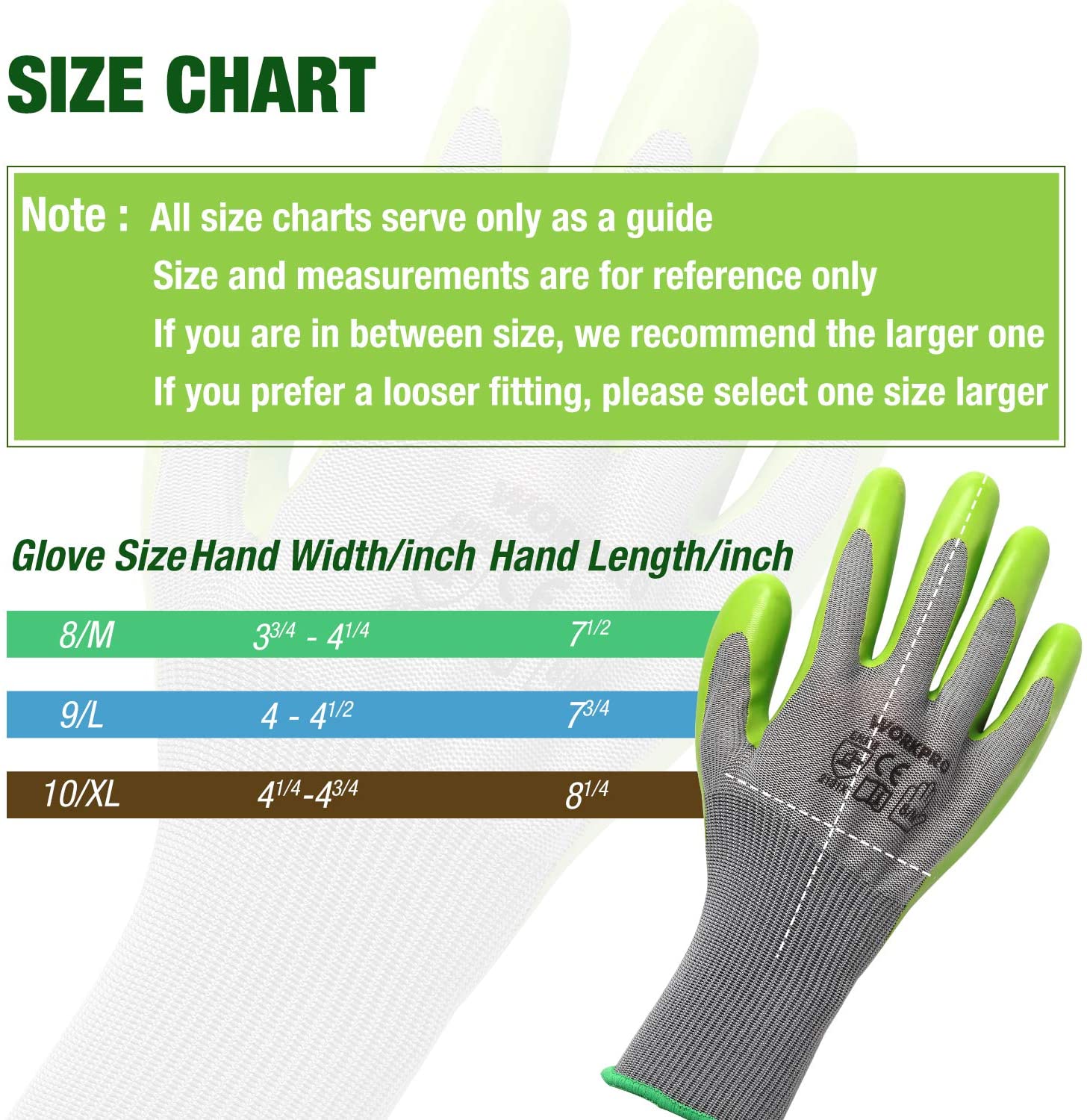 Garden work gloves size chart with gray knit and green latex palm coating