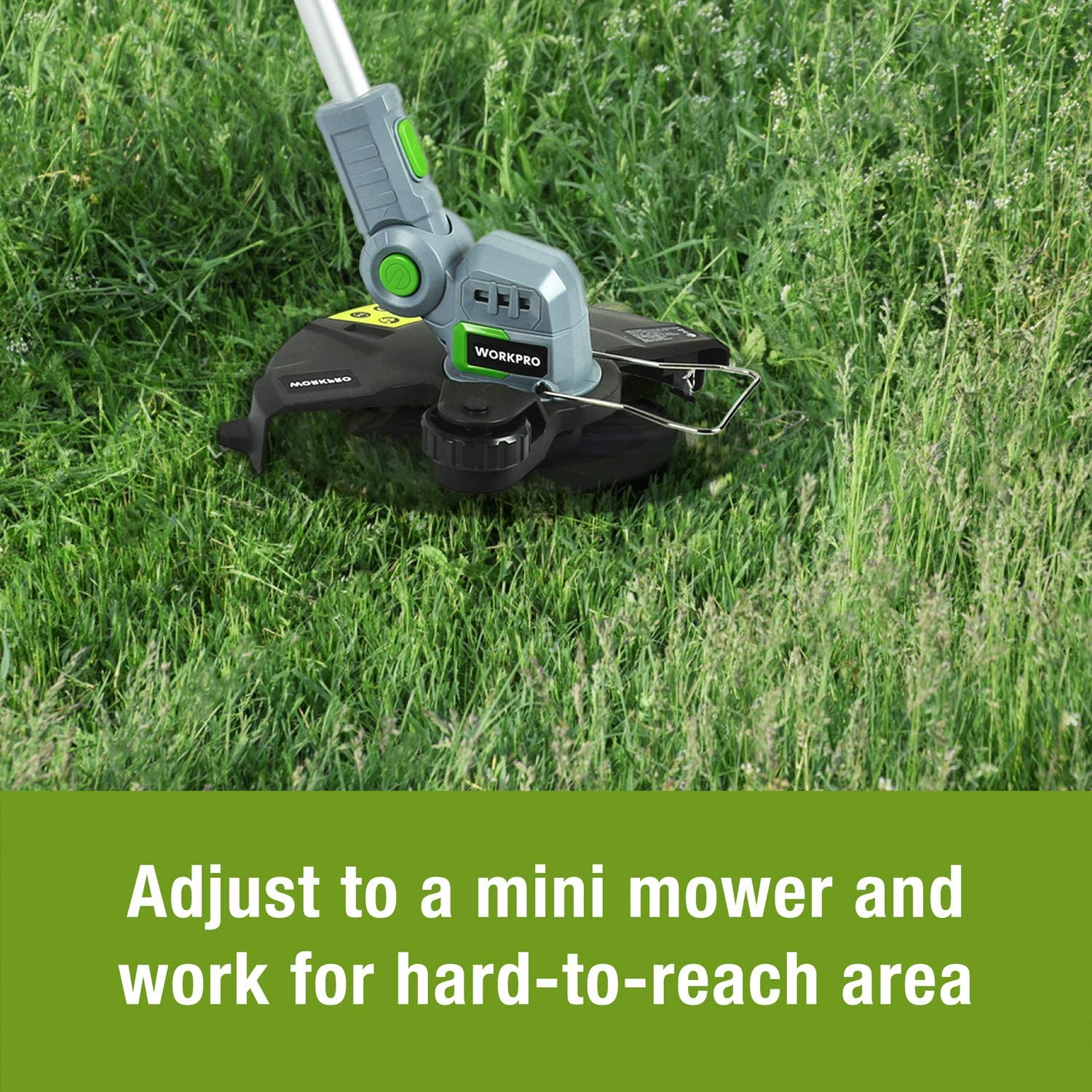 Cordless string trimmer cutting head on grass with adjustable handle and guard