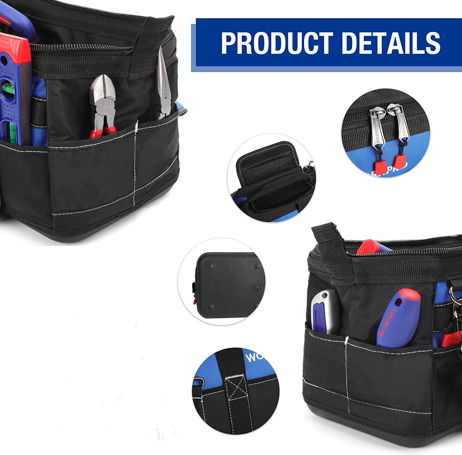 Black tool bag with blue trim, zip top, and side pockets for tools and accessories