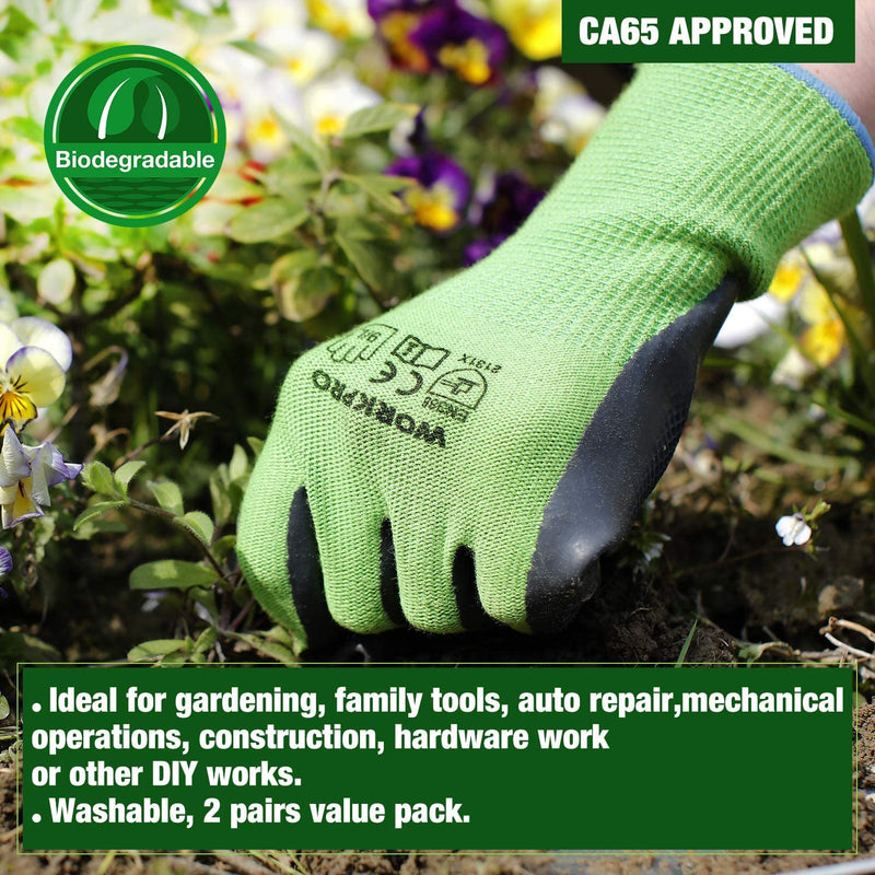WORKPRO 2 Pairs Garden Working Gloves with Eco Latex Palm Coated and Touchscreen for Weeding, Digging, Raking and Pruning