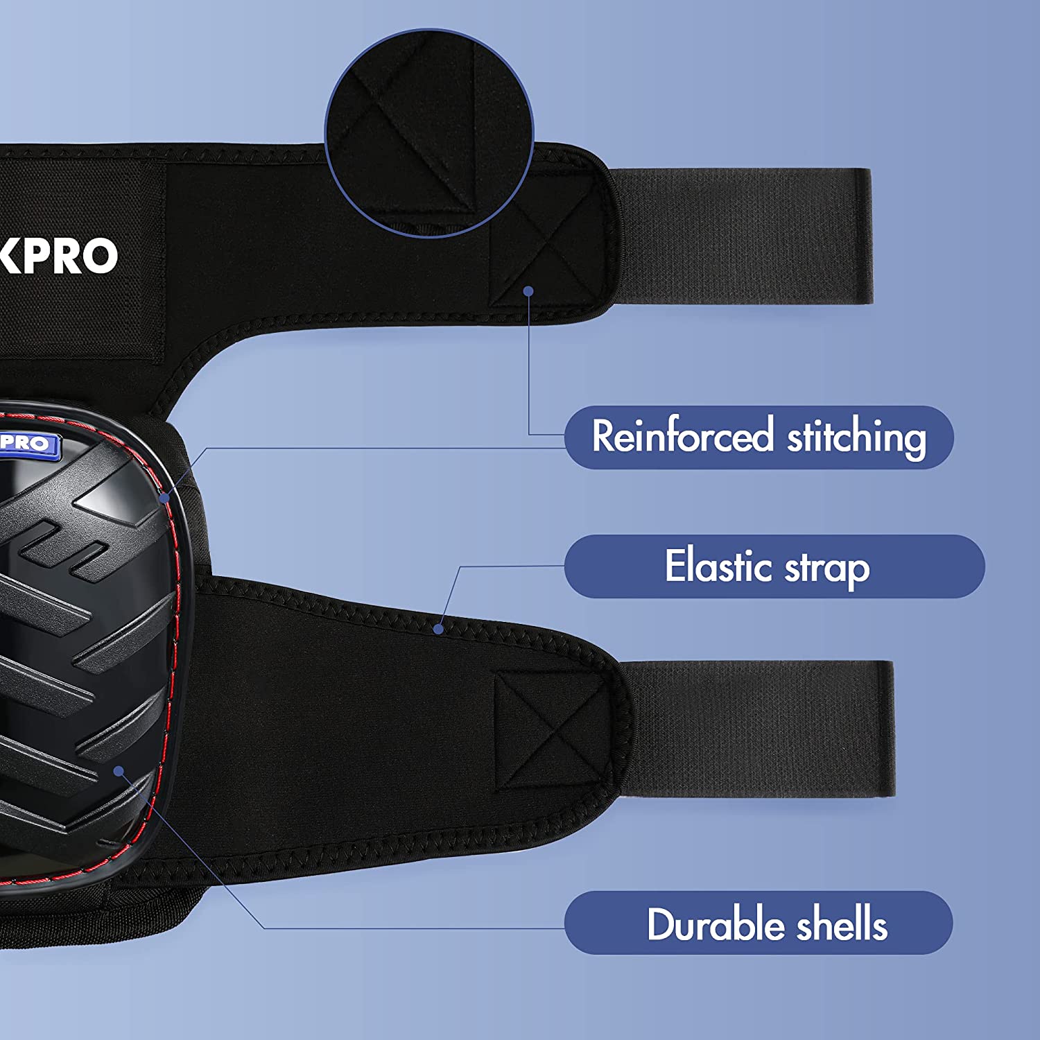 Black knee pad close-up with reinforced stitching and elastic side strap