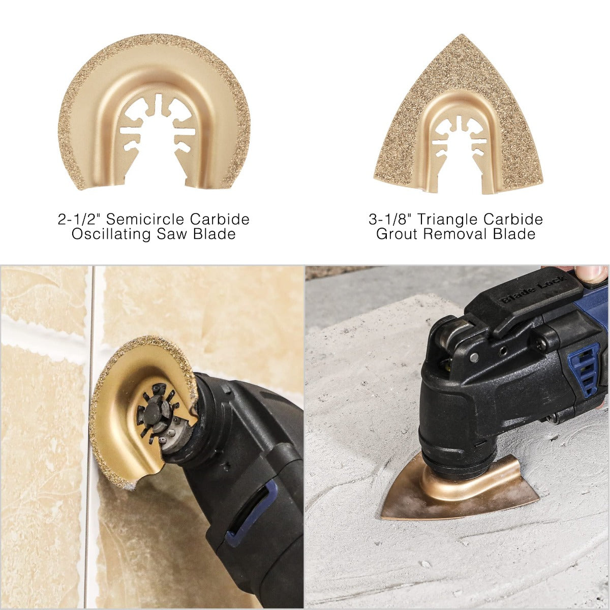 Gold carbide oscillating saw blades: semicircle and triangle grout removal blades