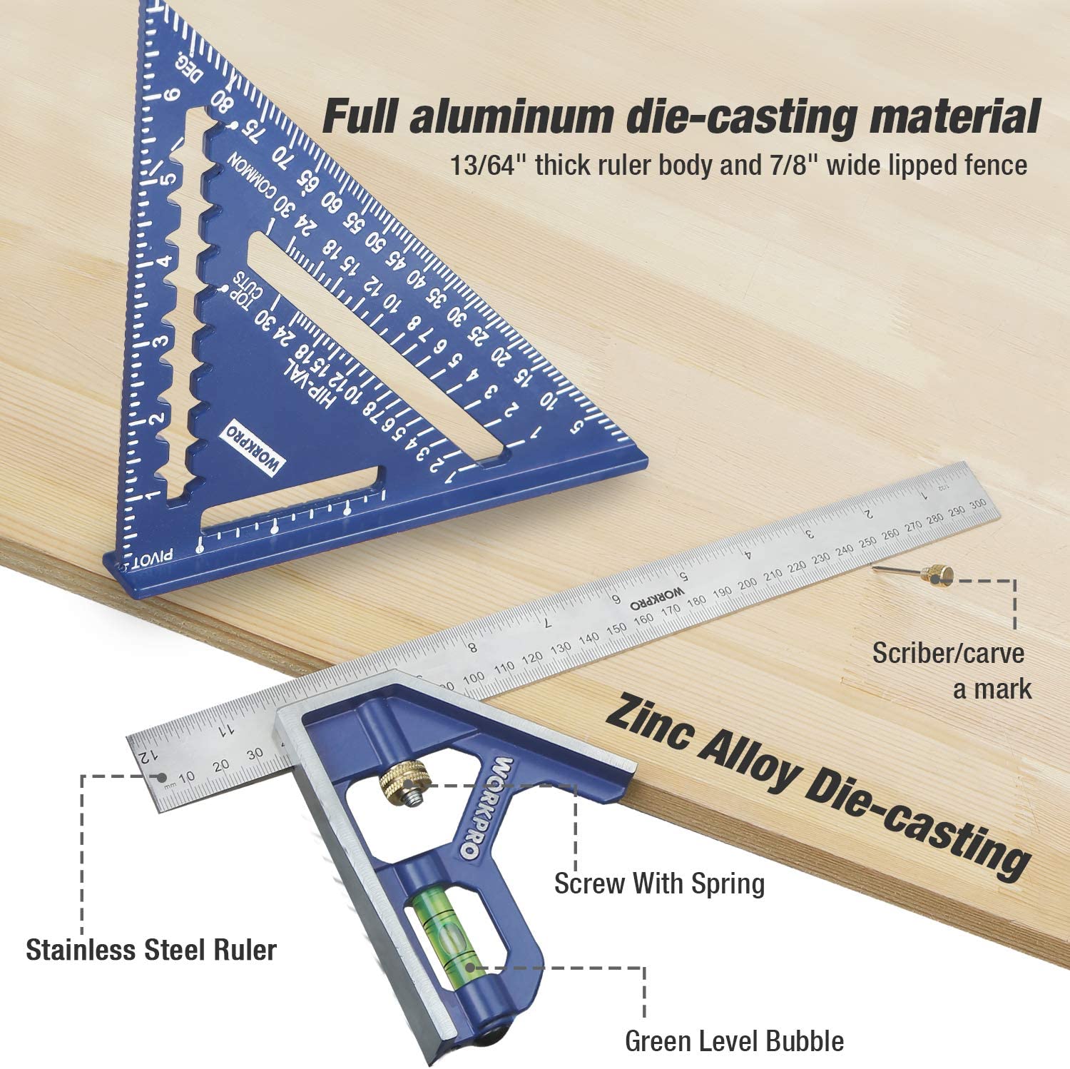 Blue combination square with ruler, scriber and built-in level, metal measuring edges