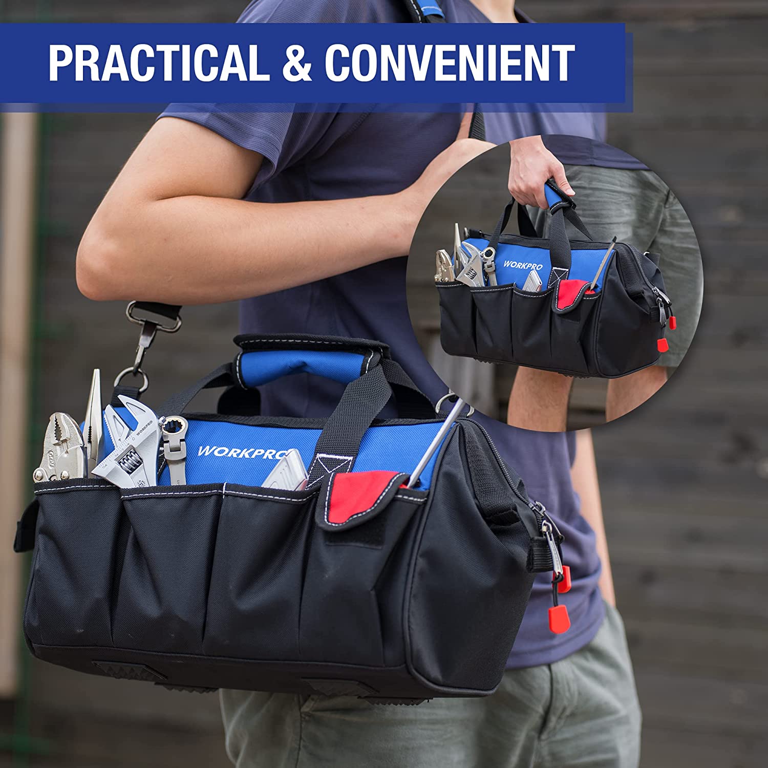 Black tool bag with blue and red accents worn by person, side and front pockets visible