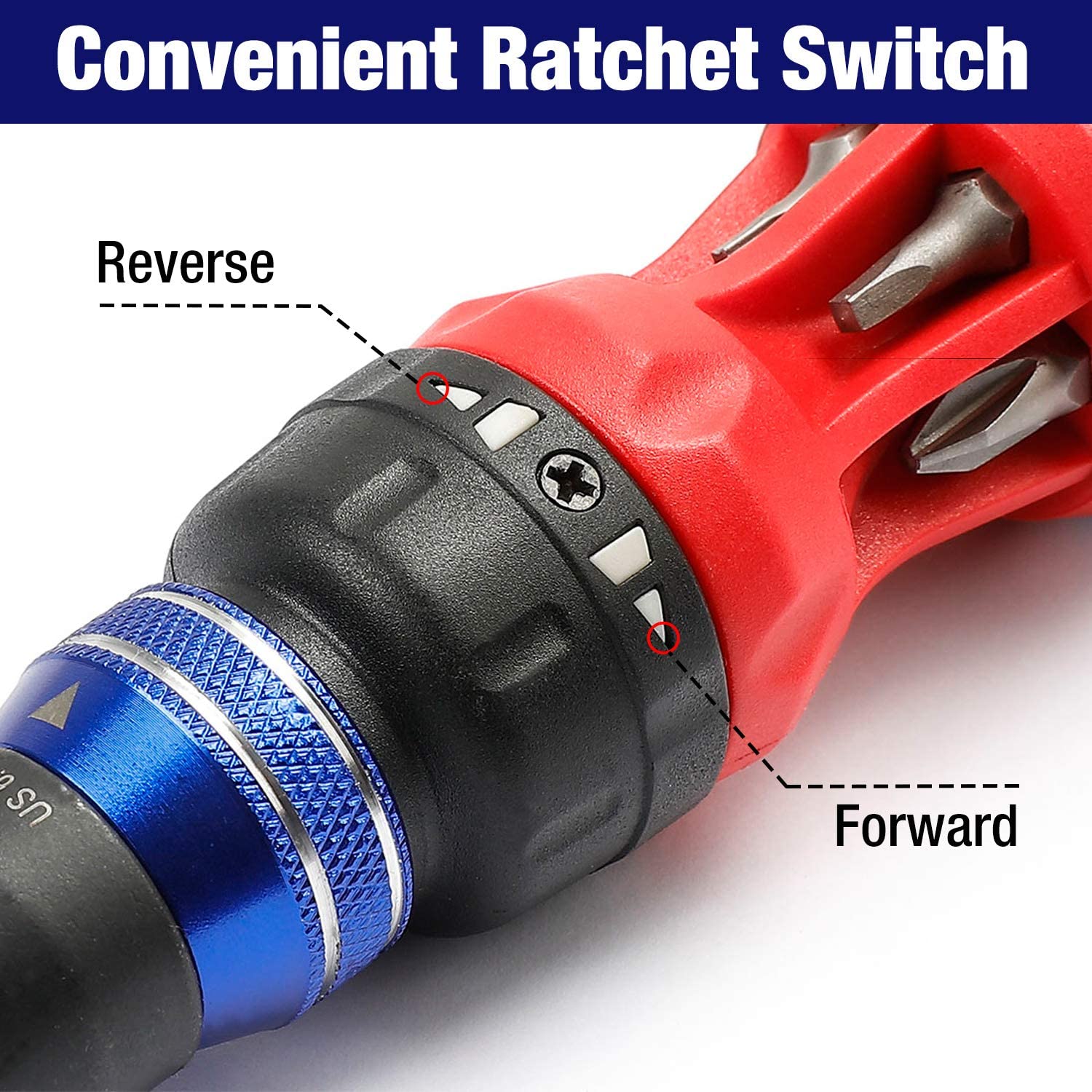 Red and black ratcheting screwdriver with blue knurled ring and forward/reverse switch