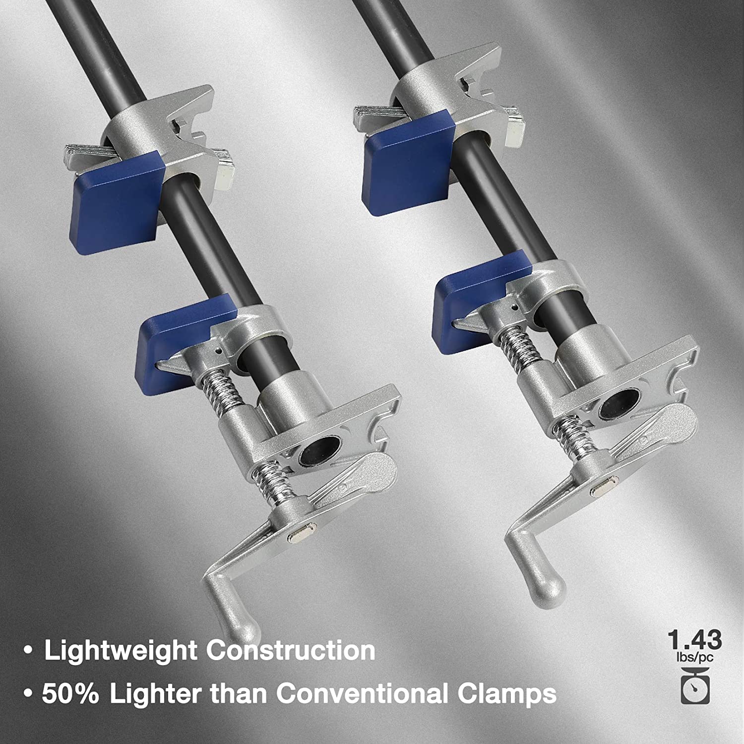 Lightweight metal pipe clamps with blue sleeves and threaded screw rods, two units