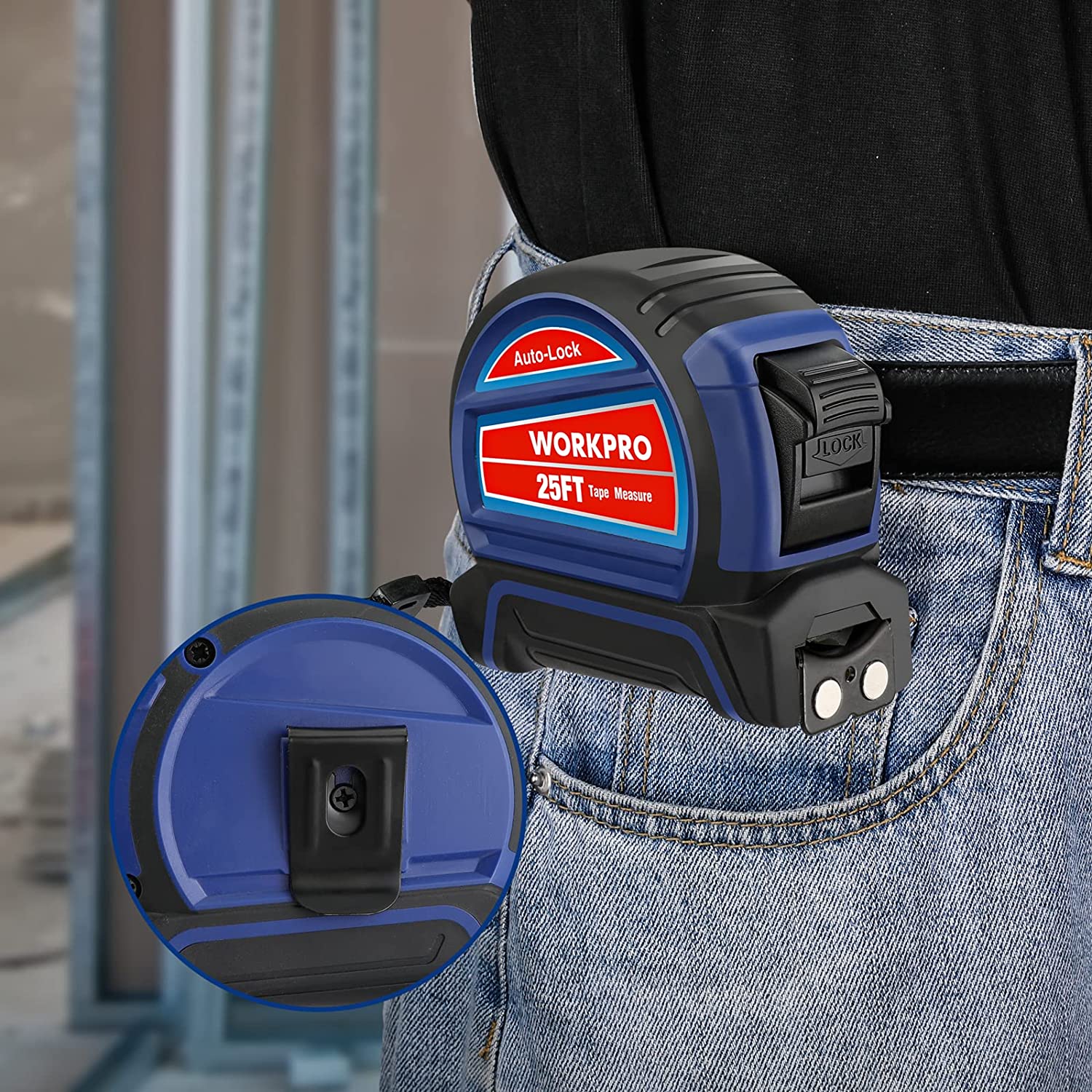 Auto-lock tape measure clipped on belt loop, blue and black case