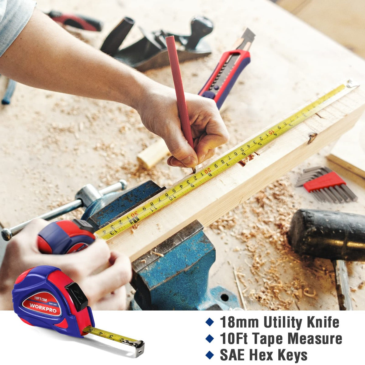 Hand measuring wood with yellow tape measure tool from the household tools set