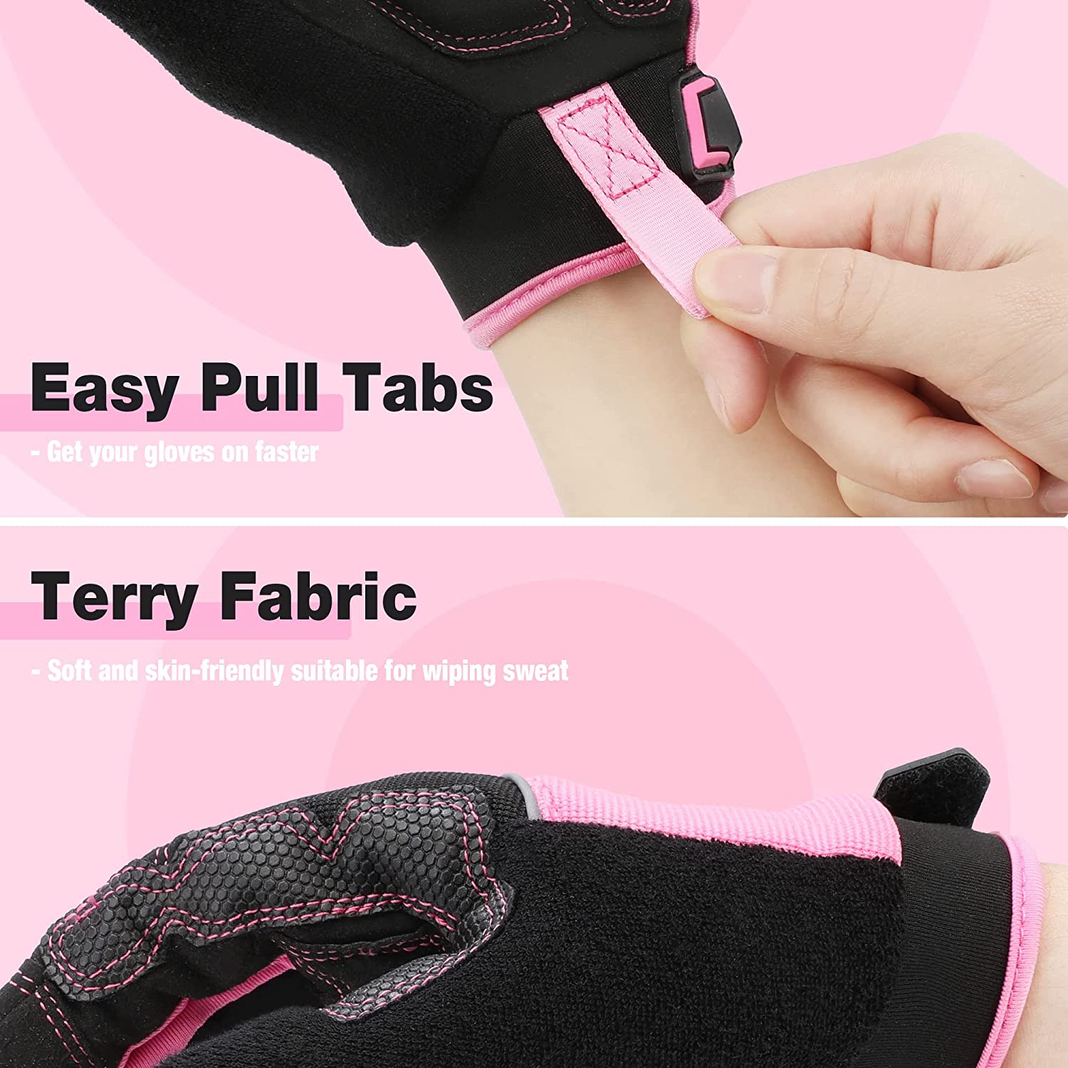 Black and pink work gloves with easy pull tabs and terry fabric palm padding