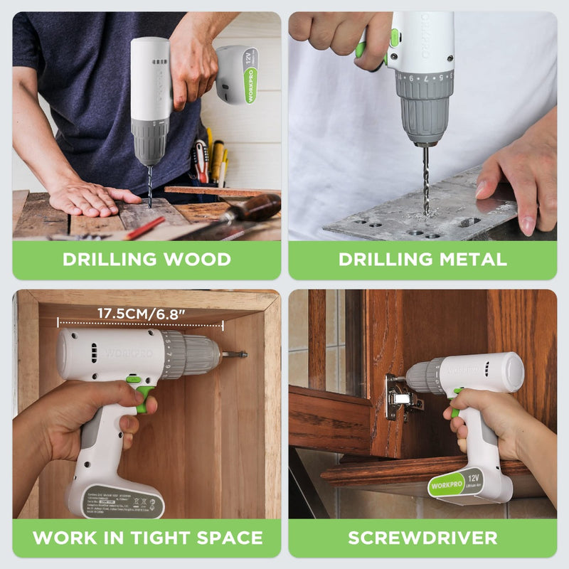 WORKPRO Pink Cordless Drill Driver Set, 12V Electric Power Drill Tool