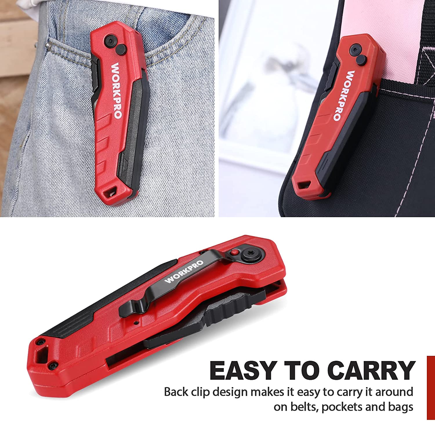 Red folding utility knife with belt clip and blade storage in handle