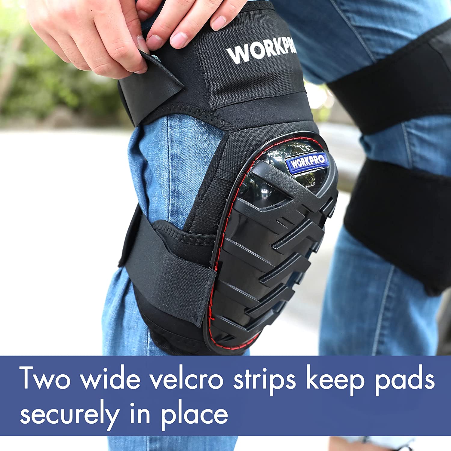 Black gel knee pad with anti-slip strap worn on a worker’s leg