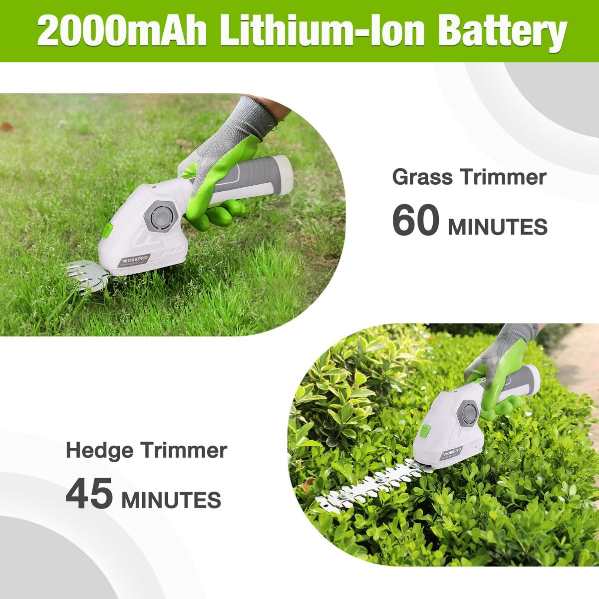 Cordless trimmer on grass with white housing and green handle grip