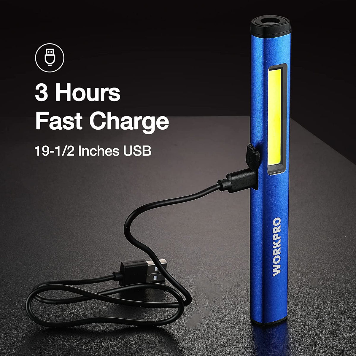 Blue LED pen light with yellow beam, USB charging cable, and side button