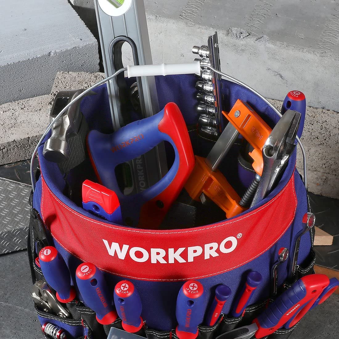 WORKPRO tool bucket organizer with blue and red fabric, black base, and many tool pockets