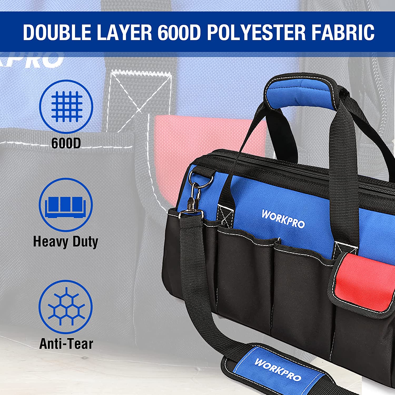 WORKPRO tool bag with blue trim and double-layer 600D polyester fabric