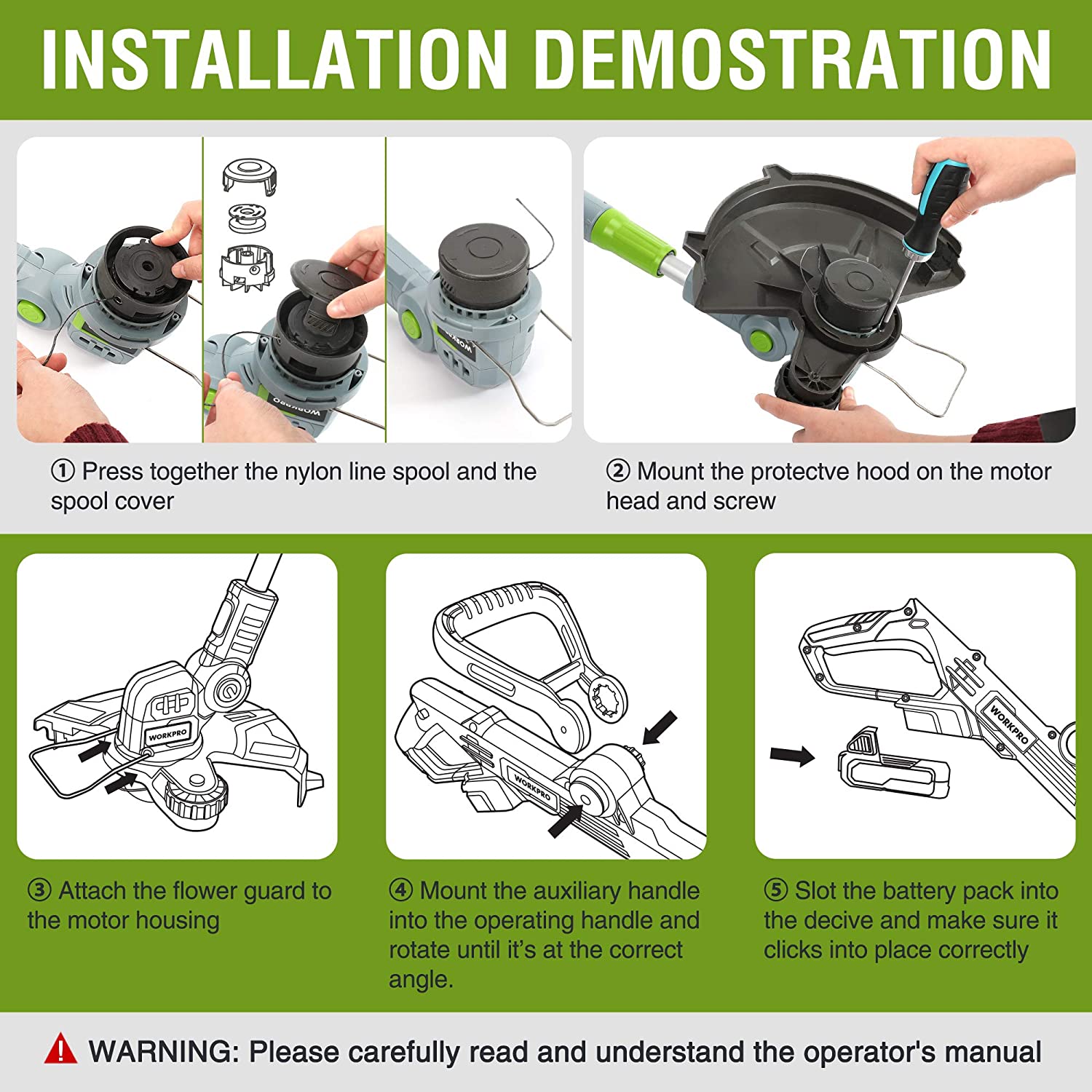 Cordless string trimmer line spool and motor head with protective hood and handle
