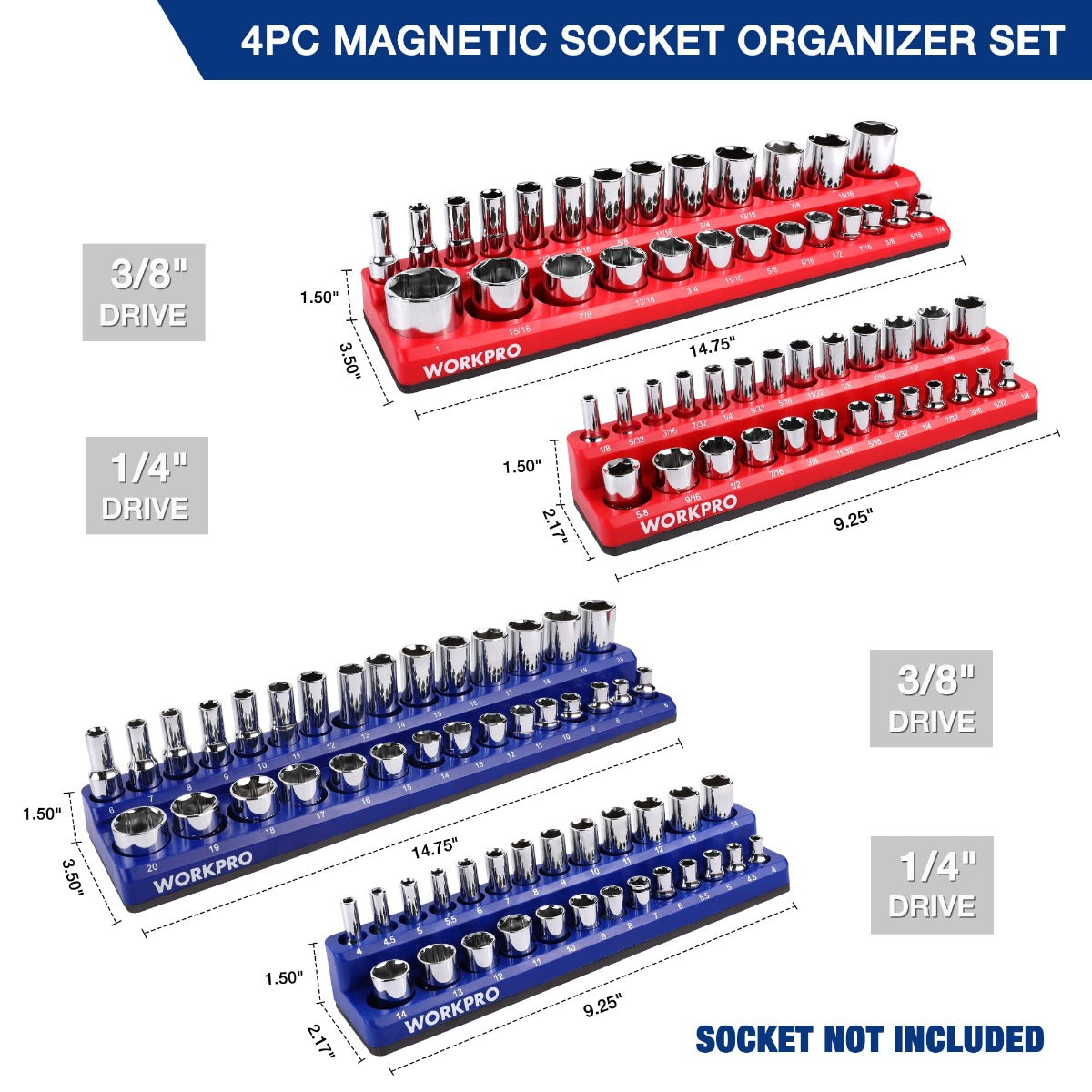 Magnetic socket organizer set showing red 3/8-inch and blue 1/4-inch drive trays