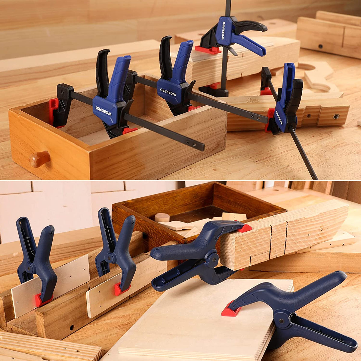 WORKPRO bar clamp set holding wooden boards with multiple clamps in place