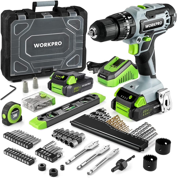 WORKPRO 20V Max Cordless Drill Driver Set, Electric Power Impact Drill Tool with 102 Pieces Accessories, 2 x 2.0Ah Li-ion Batteries with Fast Charger