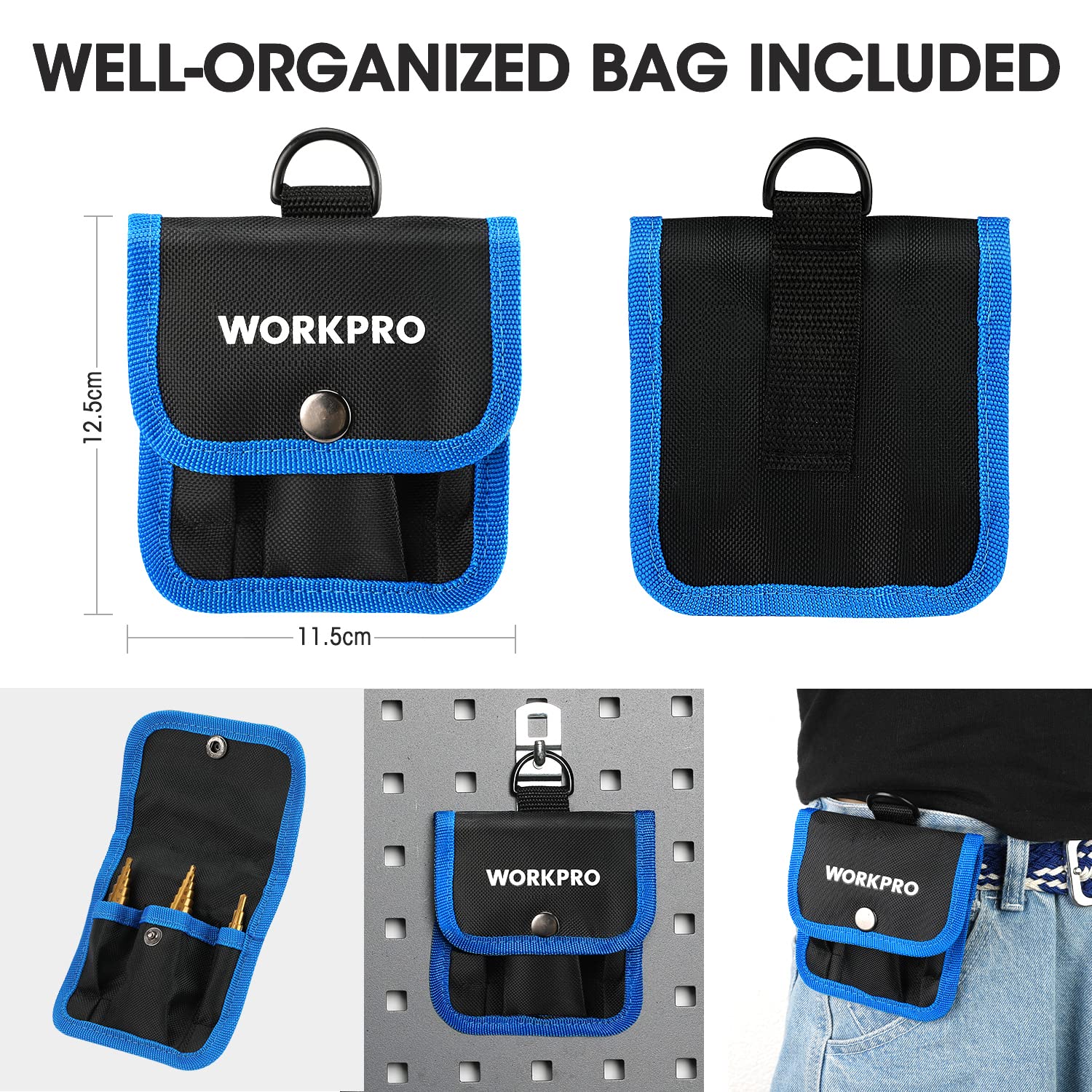 WORKPRO drill bit storage bag with black-and-blue fabric organizer pockets