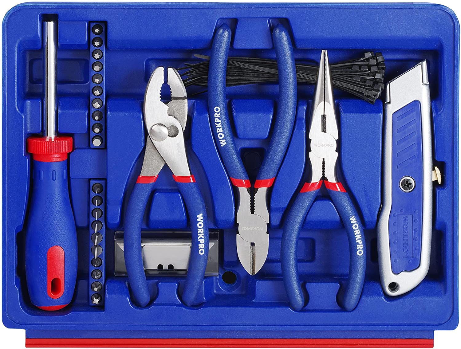 Blue tool organizer tray with pliers, wire stripper, and utility knife tools