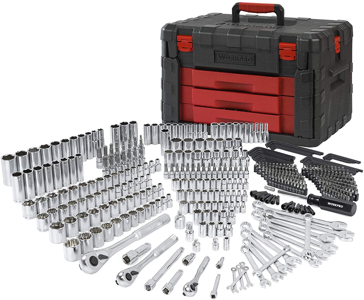 Mechanics tool set with heavy-duty case and mixed sockets, extensions, and bits