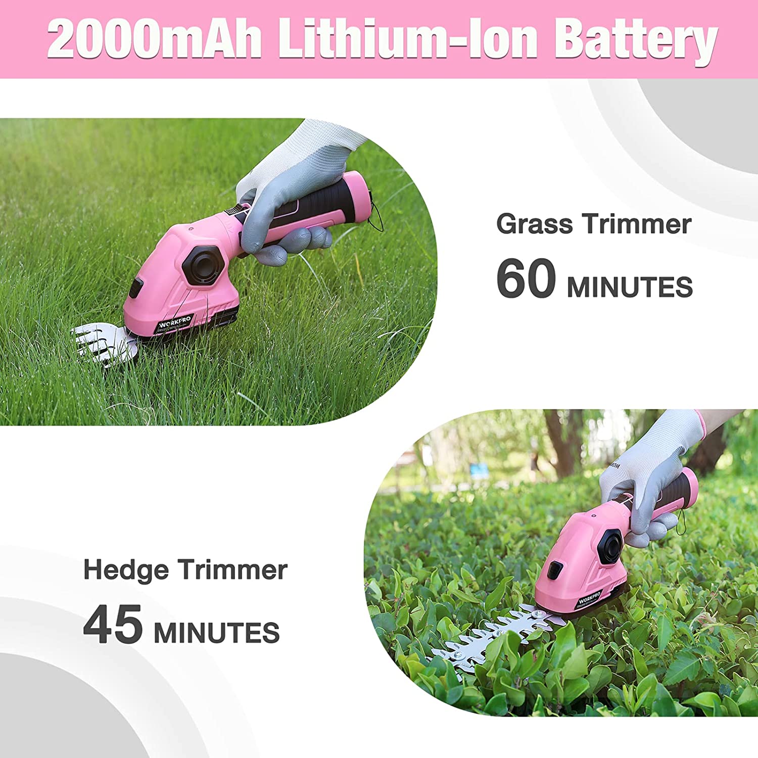 Pink 2-in-1 cordless grass and hedge trimmer with battery pack for runtime