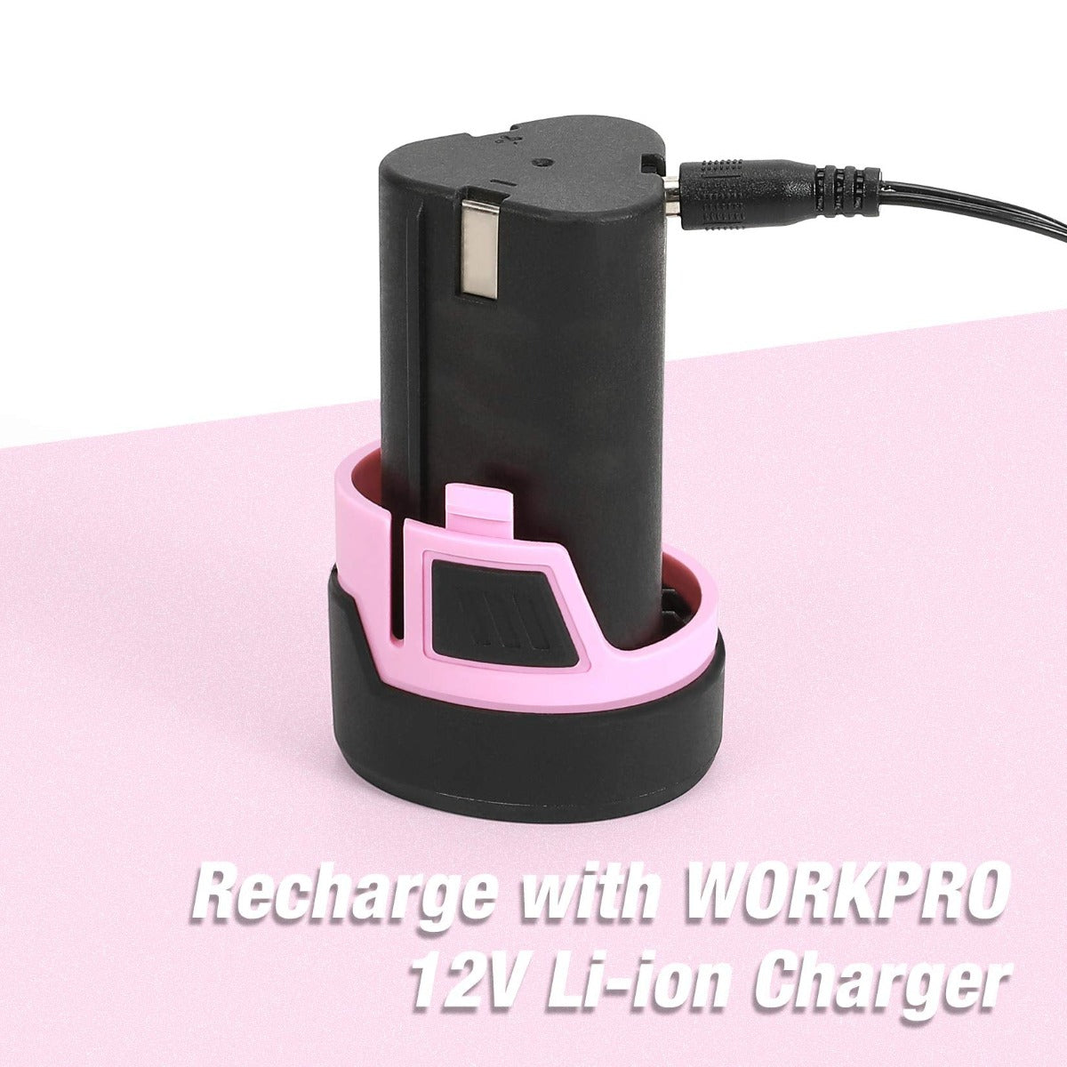 WORKPRO 12V replacement battery on pink charging base with connected cable.