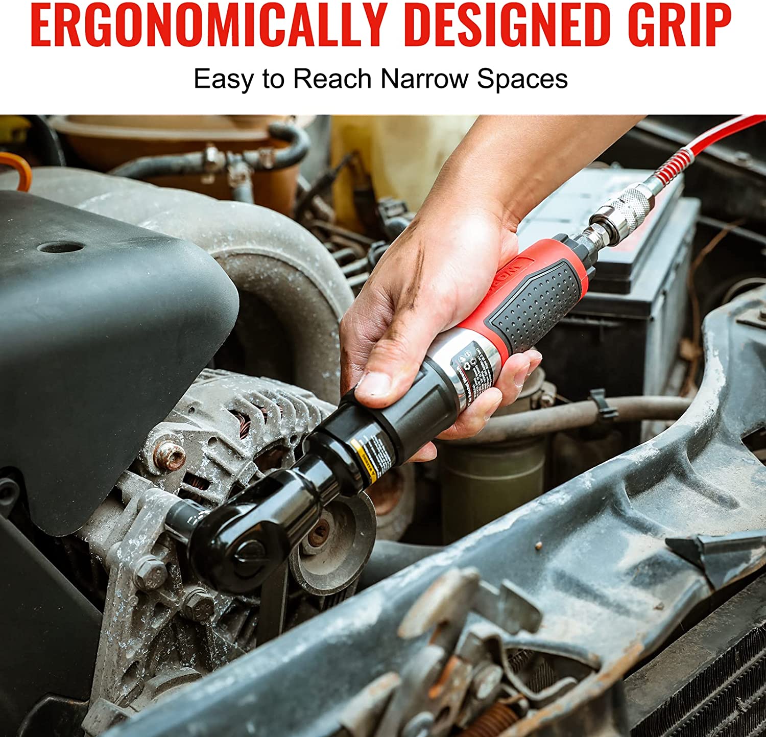 WORKPRO pneumatic ratchet wrench with ergonomic textured red grip in use