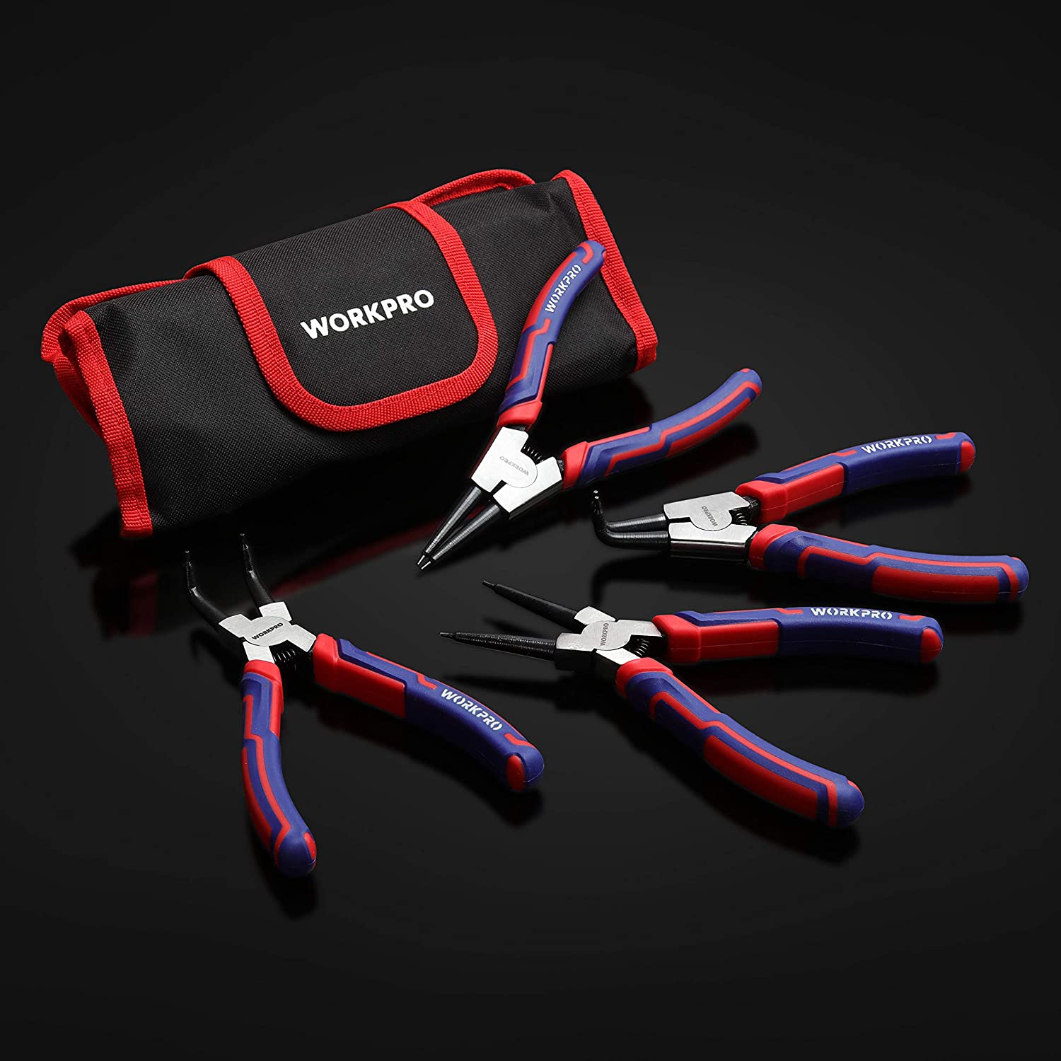 Snap ring pliers set with storage pouch, four pliers with blue and red grips