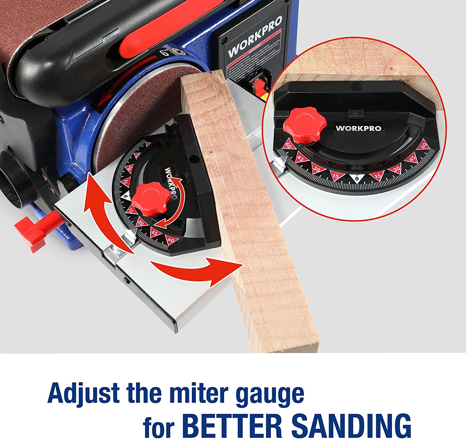 Belt and disc sander with miter gauge adjusted for angled sanding on wood
