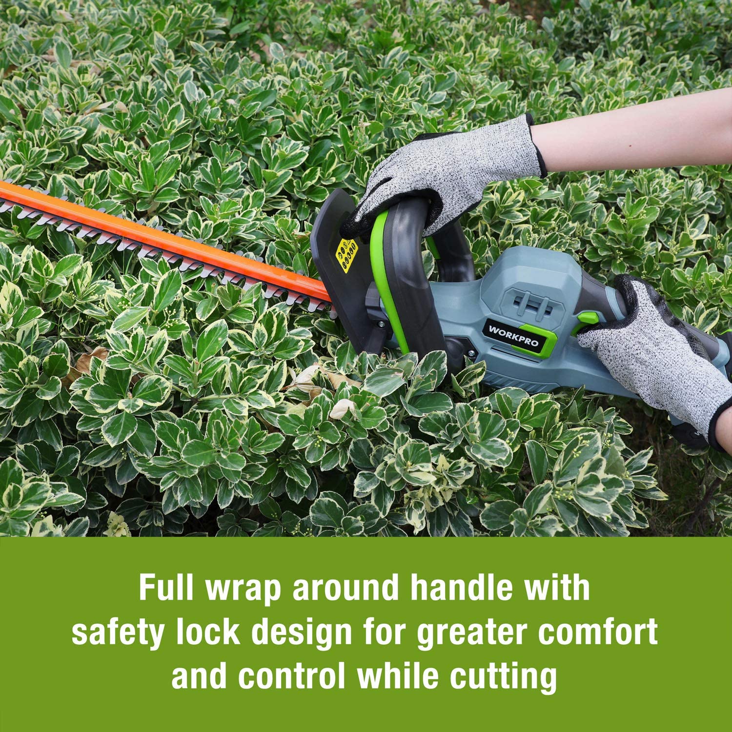 Hedge trimmer held over dense shrubs; orange blade with dual-action cutting teeth