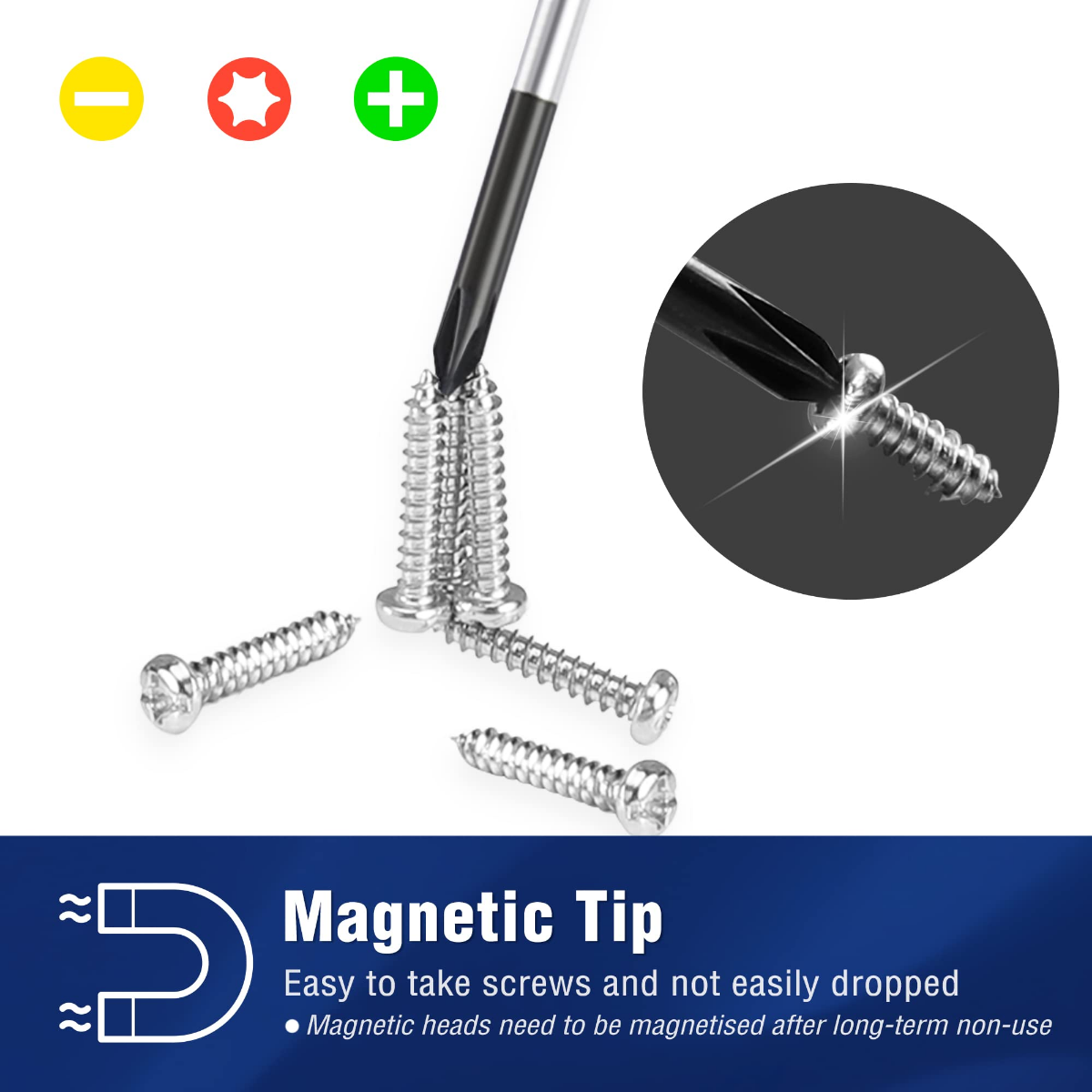 Magnetic tip precision screwdriver holding chrome screws for easy pickup