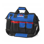 Blue and black tool tote bag with closed top, wide slot, and front organizer pockets
