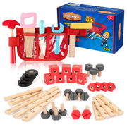 WORKPRO wooden tool kit contents with bag, screws, nuts, and light wood planks