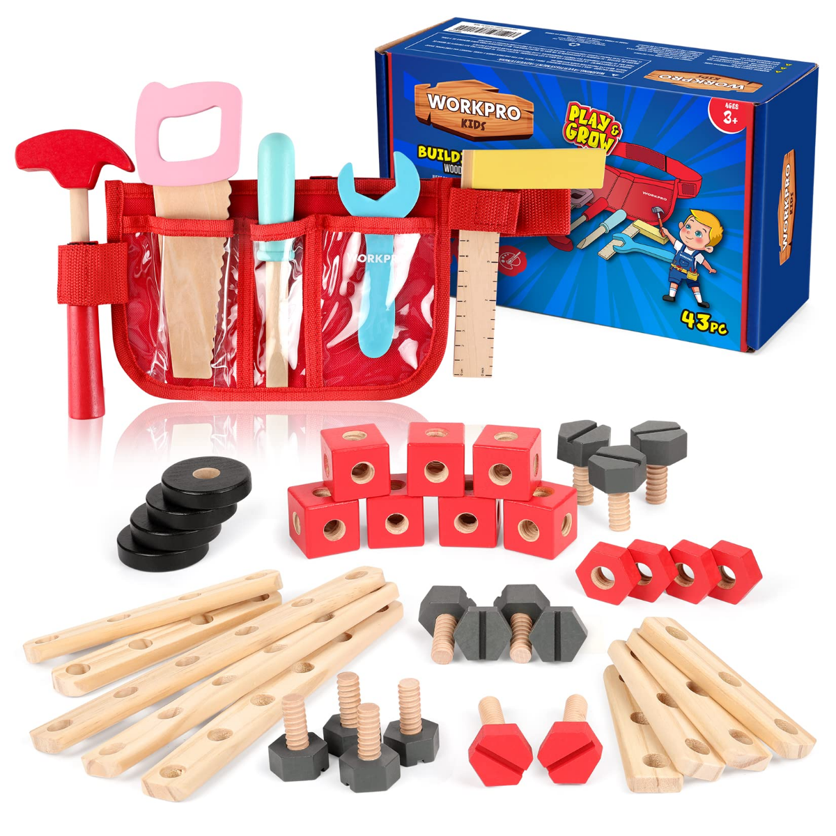 WORKPRO wooden tool kit contents with bag, screws, nuts, and light wood planks