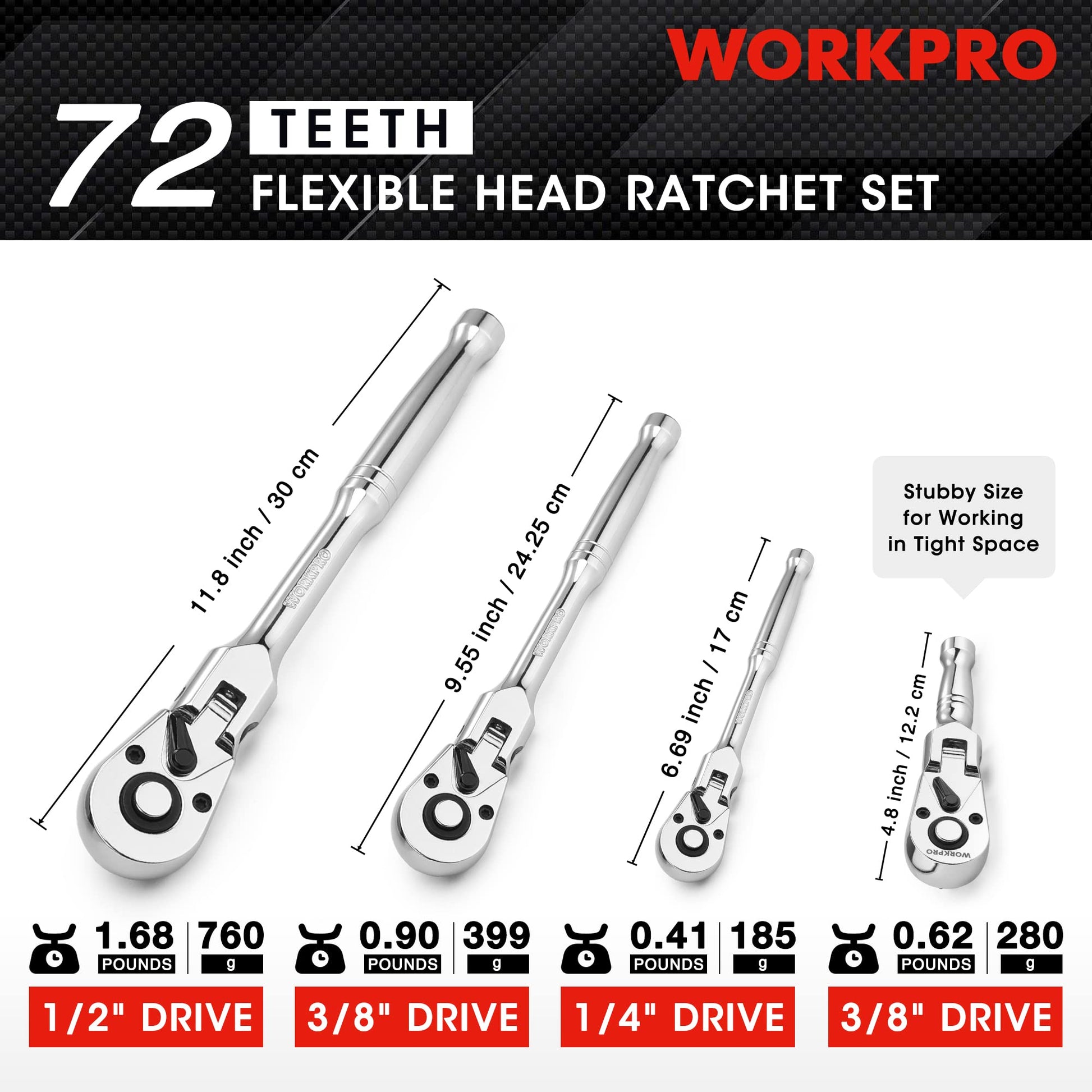 WORKPRO flex-head ratchet set showing 1/2 in, 3/8 in, 1/4 in, and stubby lengths
