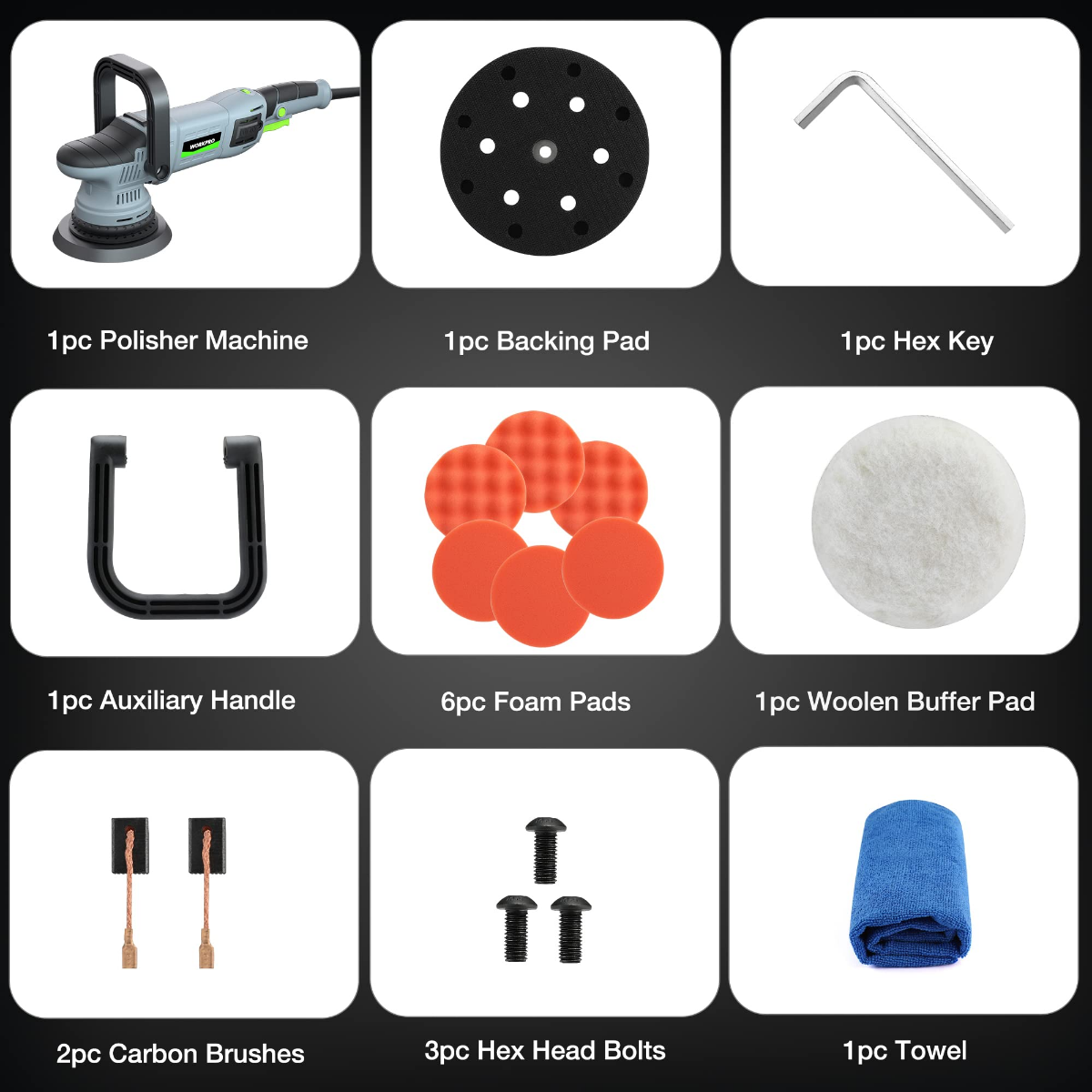 Buffer polisher kit accessories: backing pad, foam pads, wool pad, towel, hex key