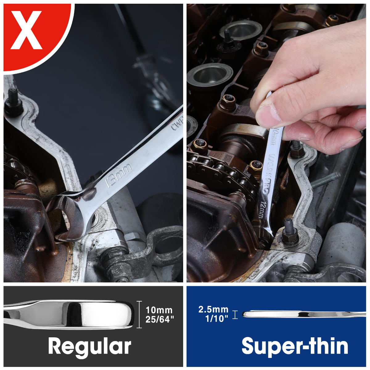Regular and super-thin open-end wrenches shown side-by-side for compact space access