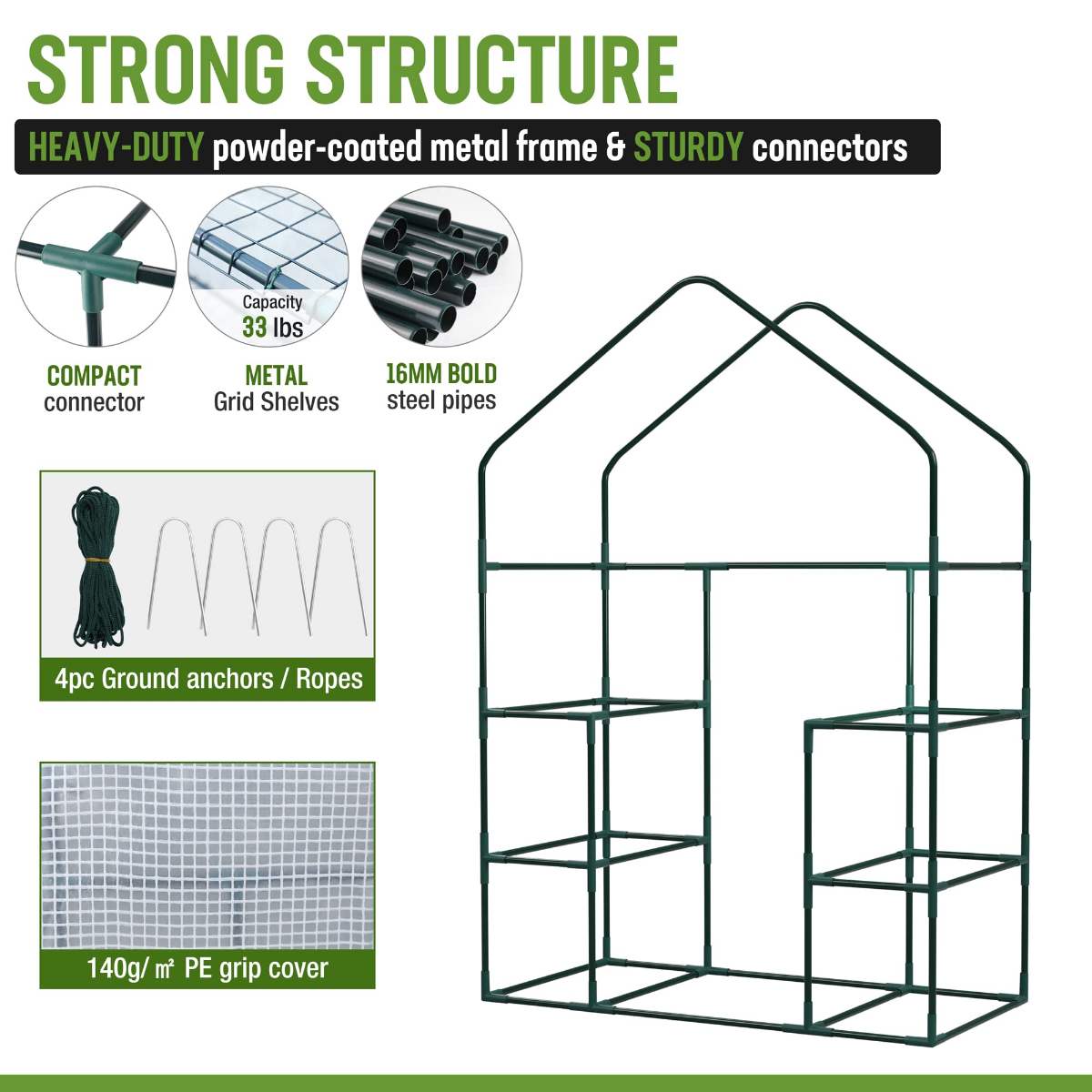 Portable mini walk-in greenhouse with green metal frame and 3-tier wire shelving