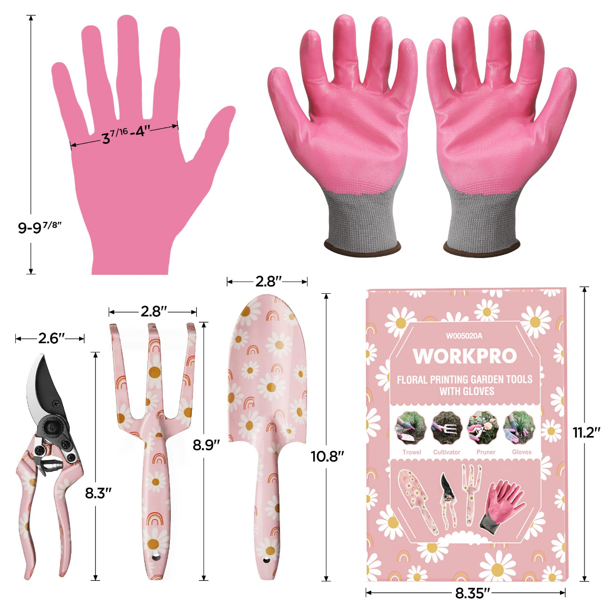 Pink floral garden tool set size chart with pink grip gloves